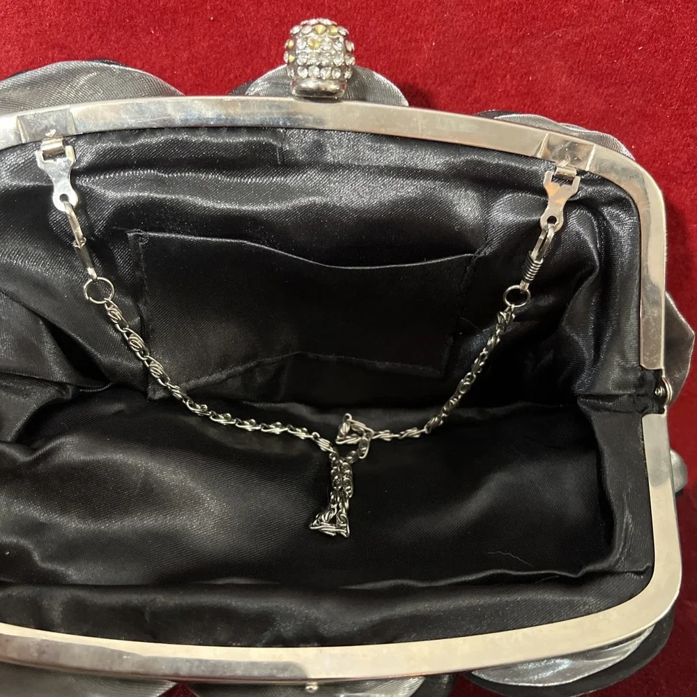 Women Satin Rose Rhinestone Black / Gray Color Handbag Silver tone chain - Picture 4 of 14